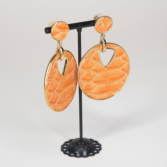 Orange Circle Shape With Cutout Animal Print Texture Faux Gold Trim‎ Earrings - Picture 7 of 11